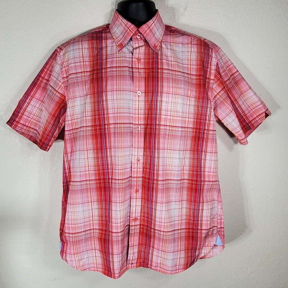 Tommy Hilfiger Mens Medium Red Plaid Button-Down Short Sleeve Shirt - Picture 7 of 12